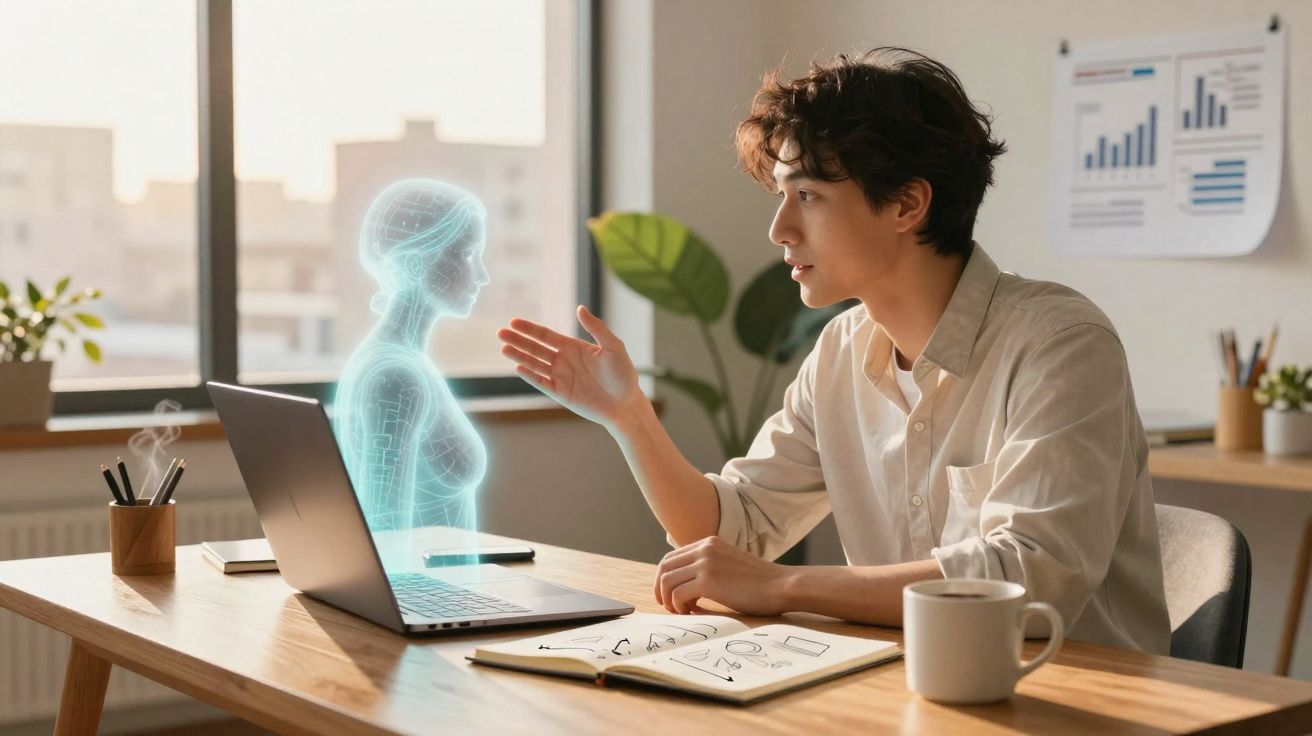 Homem interagindo com holograma feminino azul ao lado de computador em ambiente de escritório moderno.