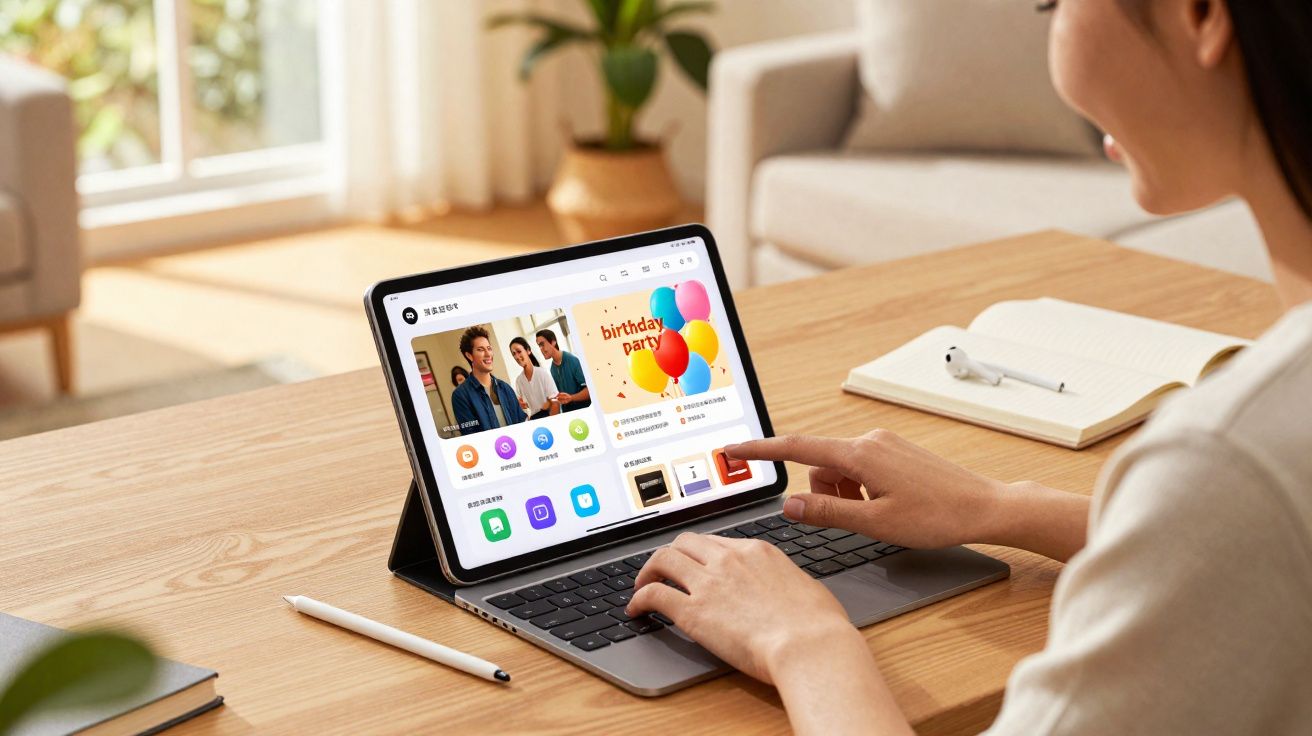 Pessoa usando tablet com teclado em mesa de madeira, aplicativo aberto e bloco de notas ao lado.