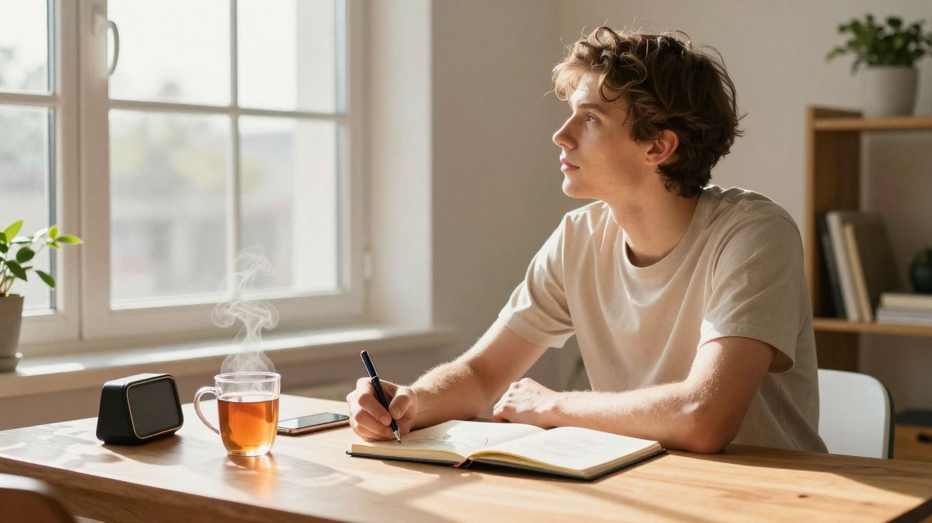 Jovem pensativo escrevendo em caderno à mesa perto de xícara de chá quente e janela iluminada.