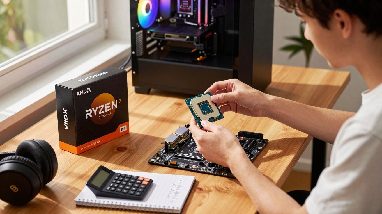 Pessoa segurando processador AMD Ryzen 7 perto de placa-mãe, caixa de processador e objetos na mesa de madeira.