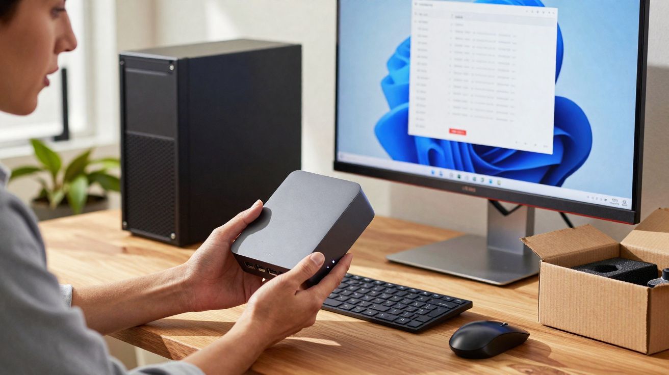 Pessoa segurando mini computador em mesa com teclado, mouse e monitor ligado com sistema Windows 11.