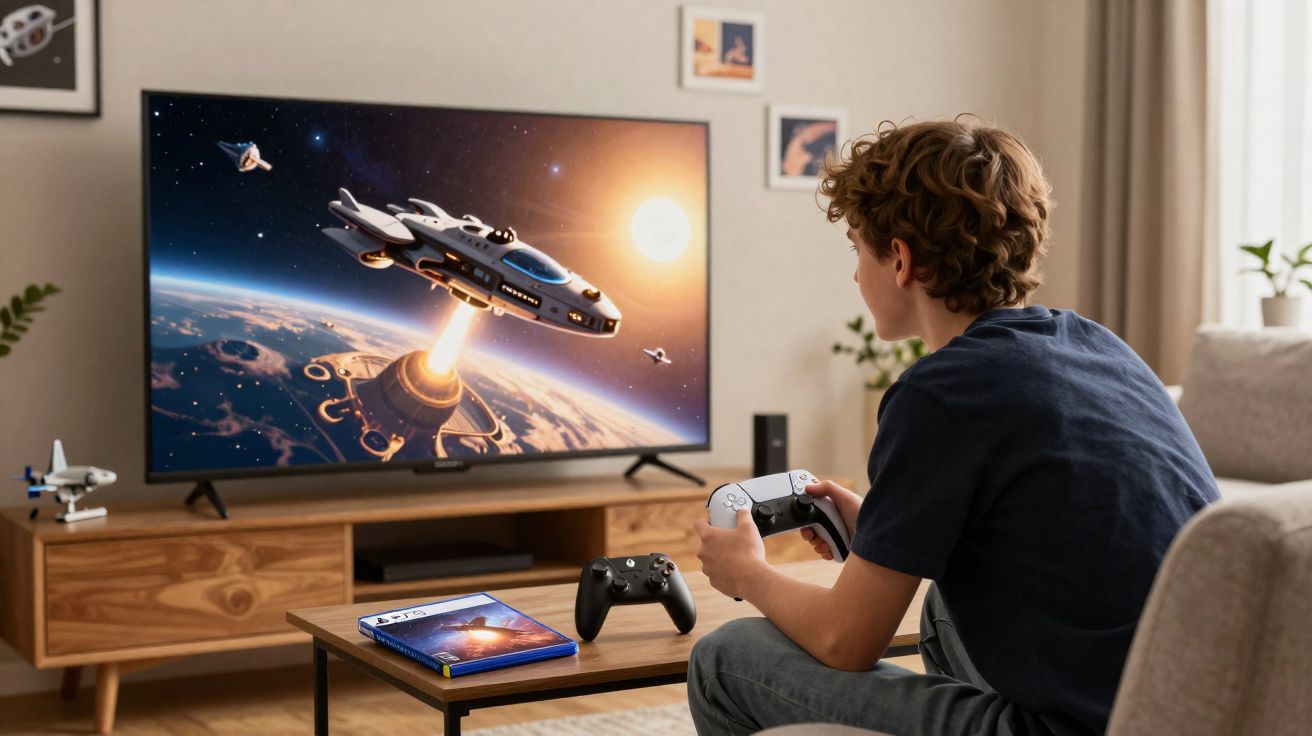 Garoto jogando videogame com controle em mãos, tela mostra nave espacial sobre planeta.