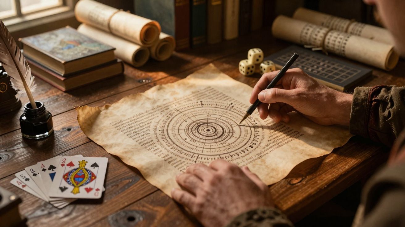 Pessoa desenhando em pergaminho antigo com cartas, dados, livros e documentos ao redor em mesa de madeira.