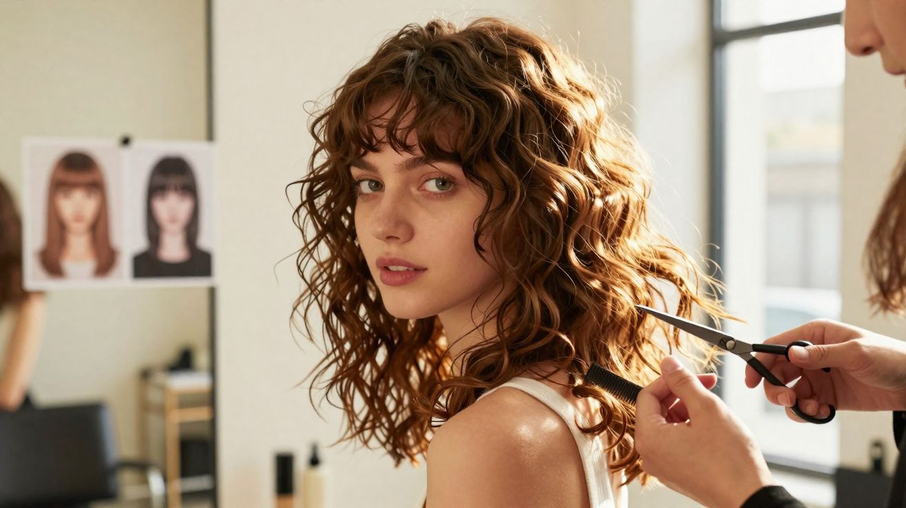 Mulher com cabelo cacheado castanho claro sendo cortado por cabeleireiro em salão iluminado.