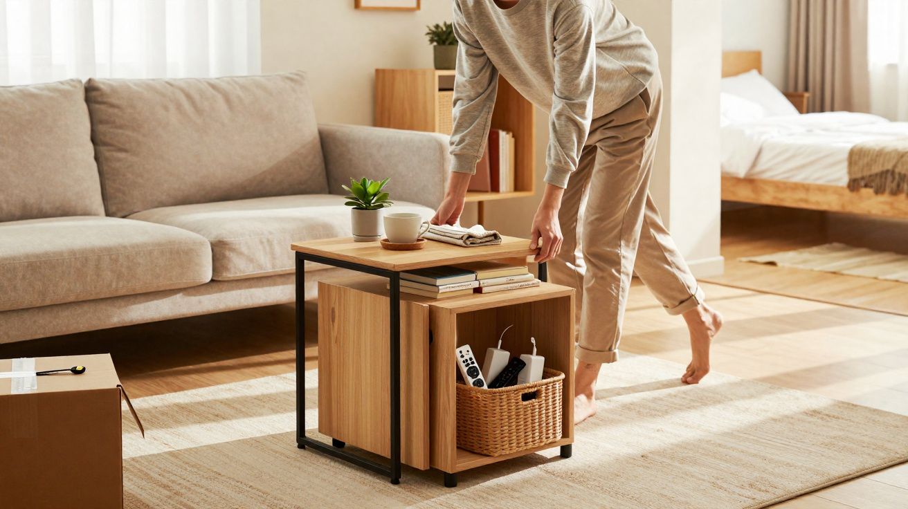 Pessoa organizando mesa de centro de madeira em sala de estar com sofá e tapete bege.