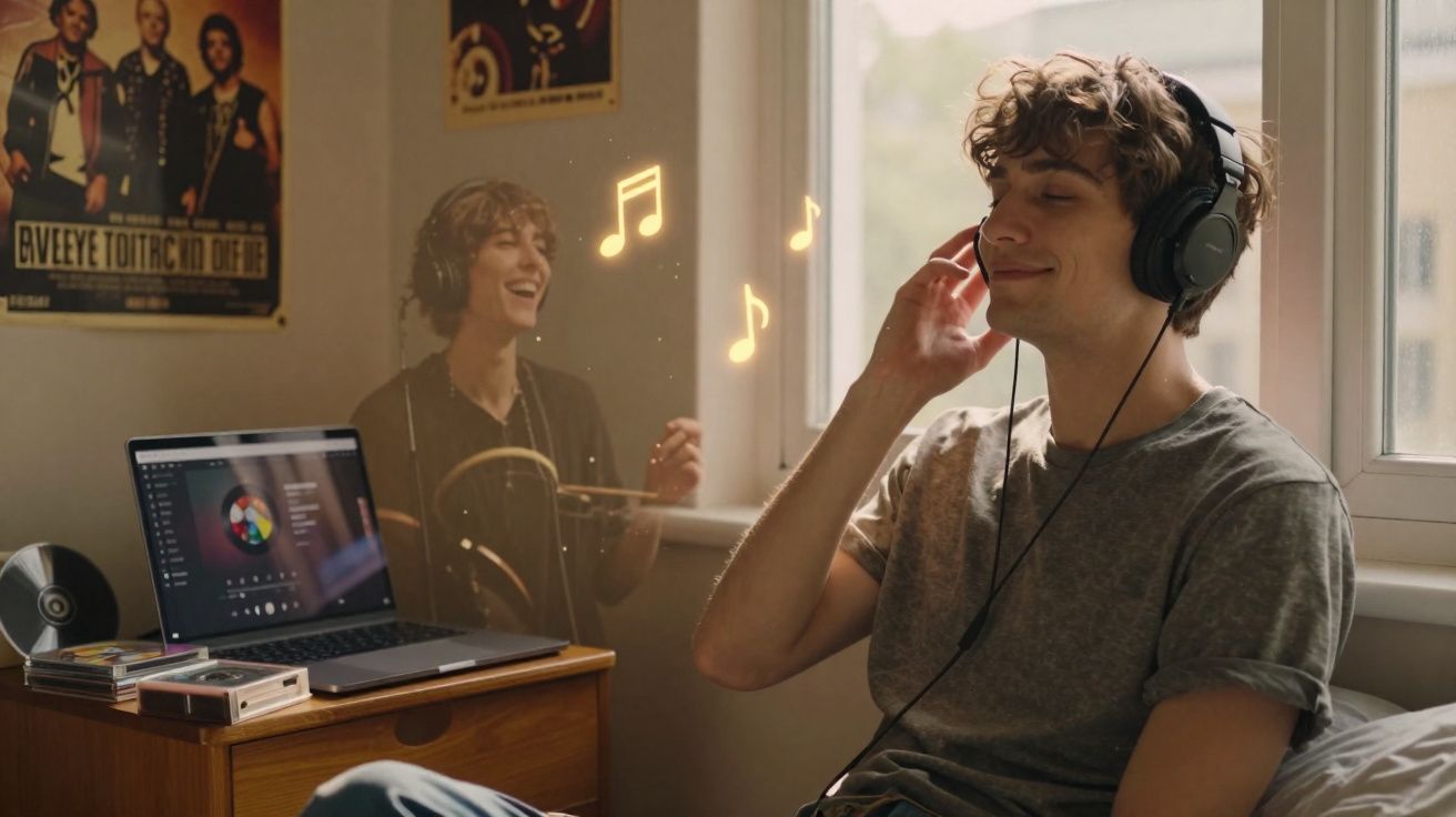Jovem ouvindo música com fone de ouvido e sorrindo em quarto iluminado pela janela.