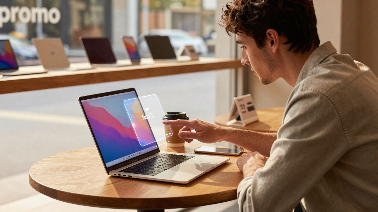 Homem sentado à mesa interagindo com laptop em loja de tecnologia com vários dispositivos expostos ao fundo.