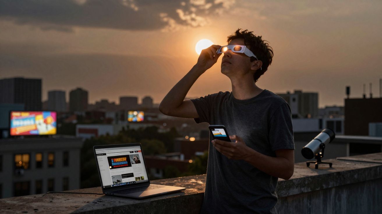 Jovem usando óculos especiais para observar o céu ao pôr do sol em um terraço com laptop e telescópio.