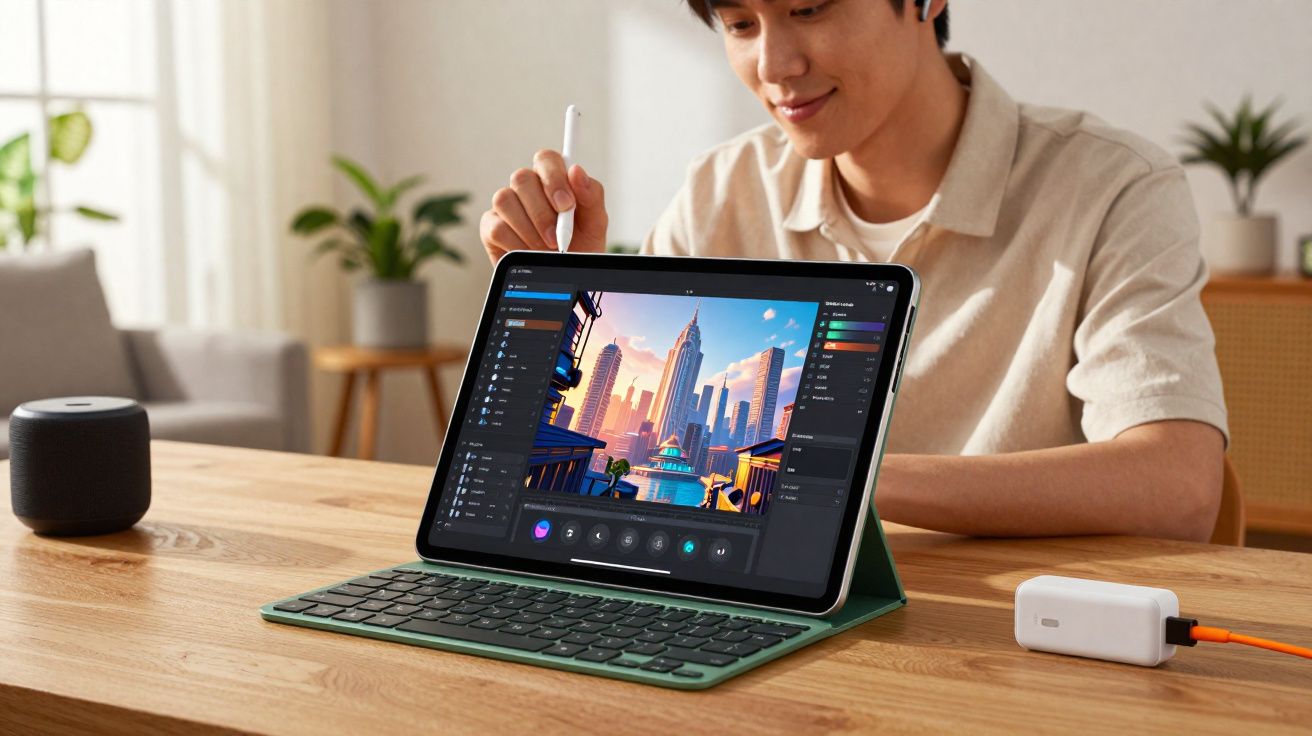 Pessoa usando caneta digital para desenhar cidade futurista em tablet com teclado verde em mesa de madeira.