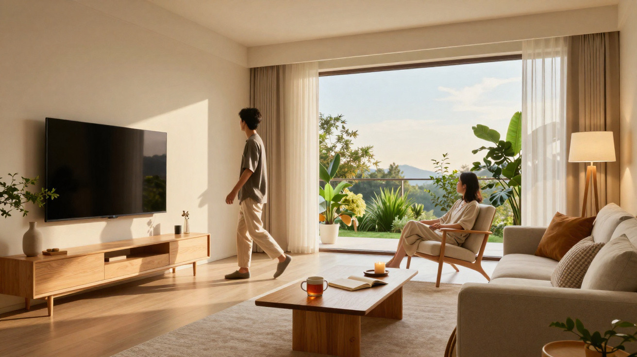 Sala de estar com decoração minimalista, sofá, TV, plantas e vista para jardim com montanhas ao fundo.