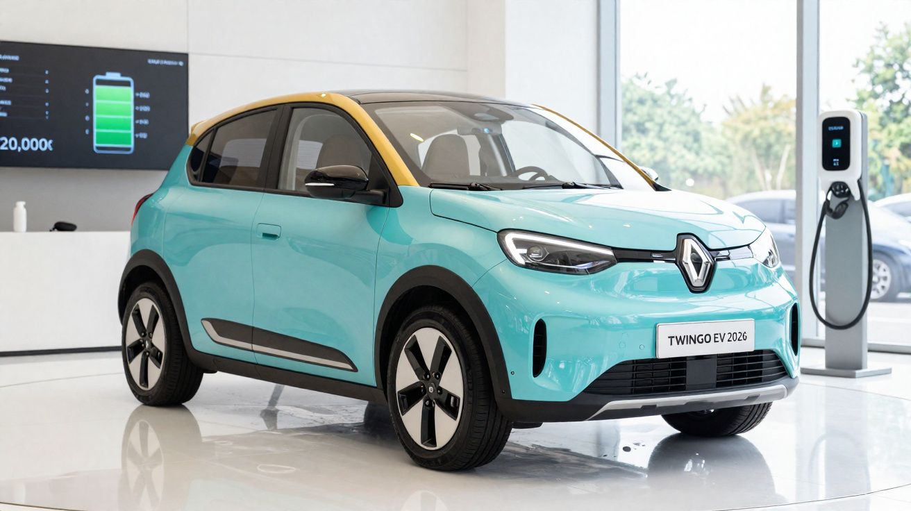 Carro elétrico Renault Twingo EV 2026 azul com teto amarelo em sala de exposição com carregador elétrico ao fundo.