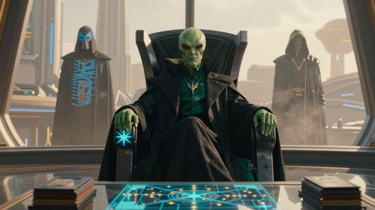 Alienígena verde sentado em trono futurista com duas figuras encapuzadas ao fundo em ambiente tecnológico.