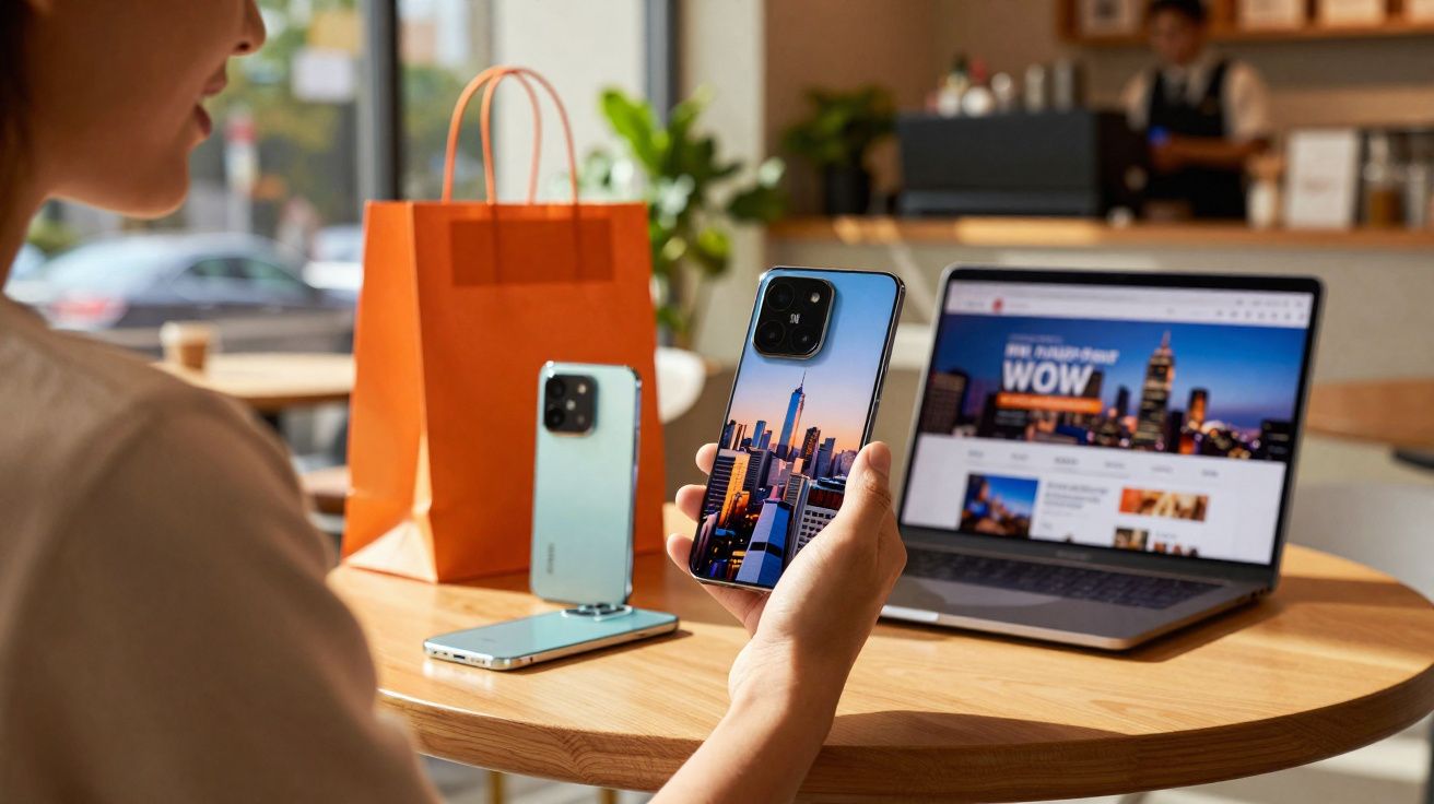 Pessoa segurando celular com capa personalizada de cidade, próximo a laptop e sacola sobre mesa em café.