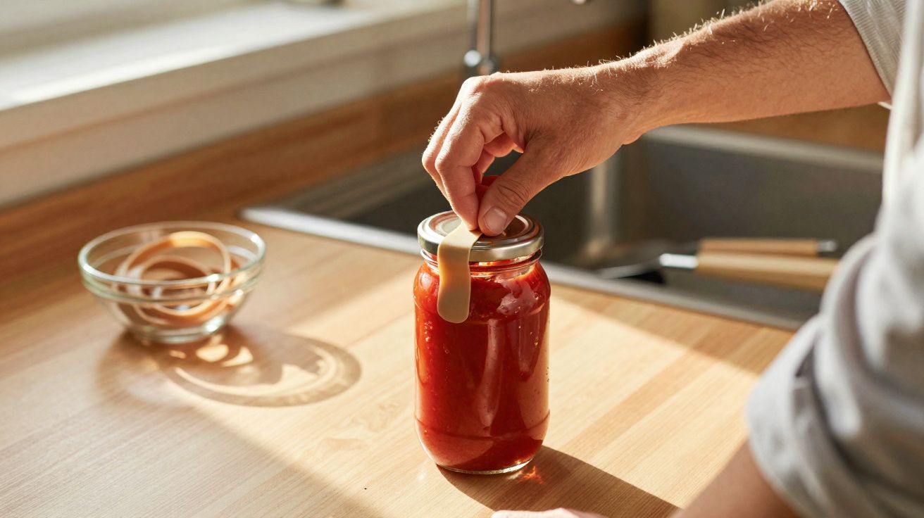 Mão abrindo pote de vidro com molho de tomate em bancada de cozinha iluminada.