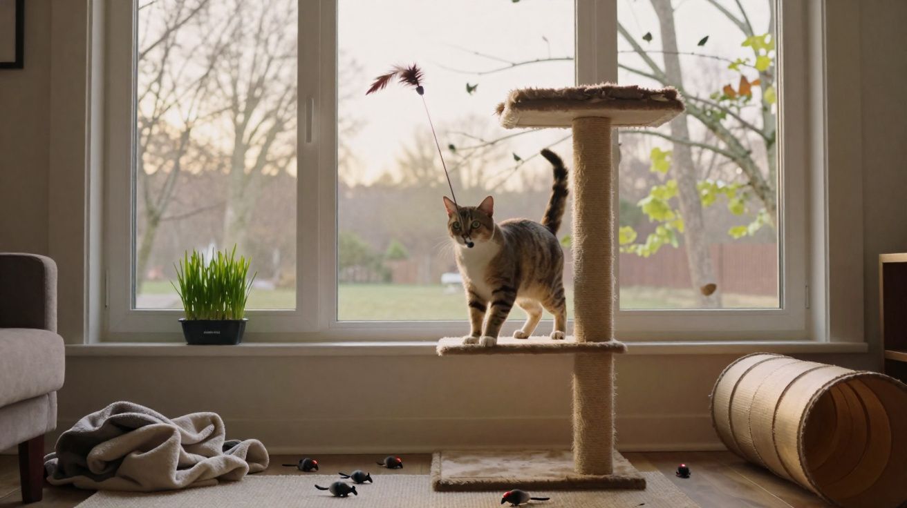 Gato em um arranhador perto da janela com brinquedos de rato espalhados no chão da sala.