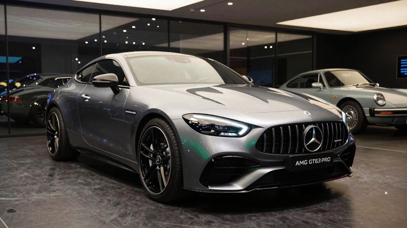 Carro esportivo Mercedes AMG GT63 Pro cinza estacionado em ambiente interno com piso escuro.