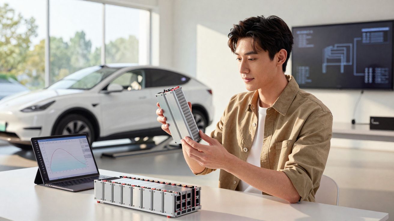 Homem analisando bateria de carro elétrico em laboratório moderno com veículo branco ao fundo.