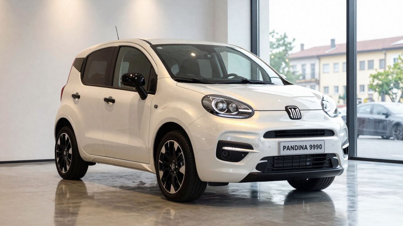 Carro compacto branco estacionado em ambiente interno com rodas pretas e detalhes modernos.