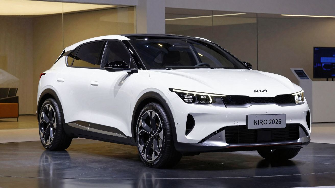 Carro branco Kia Niro 2026 elétrico exibido em showroom moderno com rodas grandes e luzes de LED acesas.