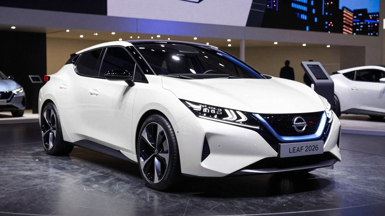 Carro elétrico branco Nissan Leaf 2026 em exposição em ambiente interno moderno.