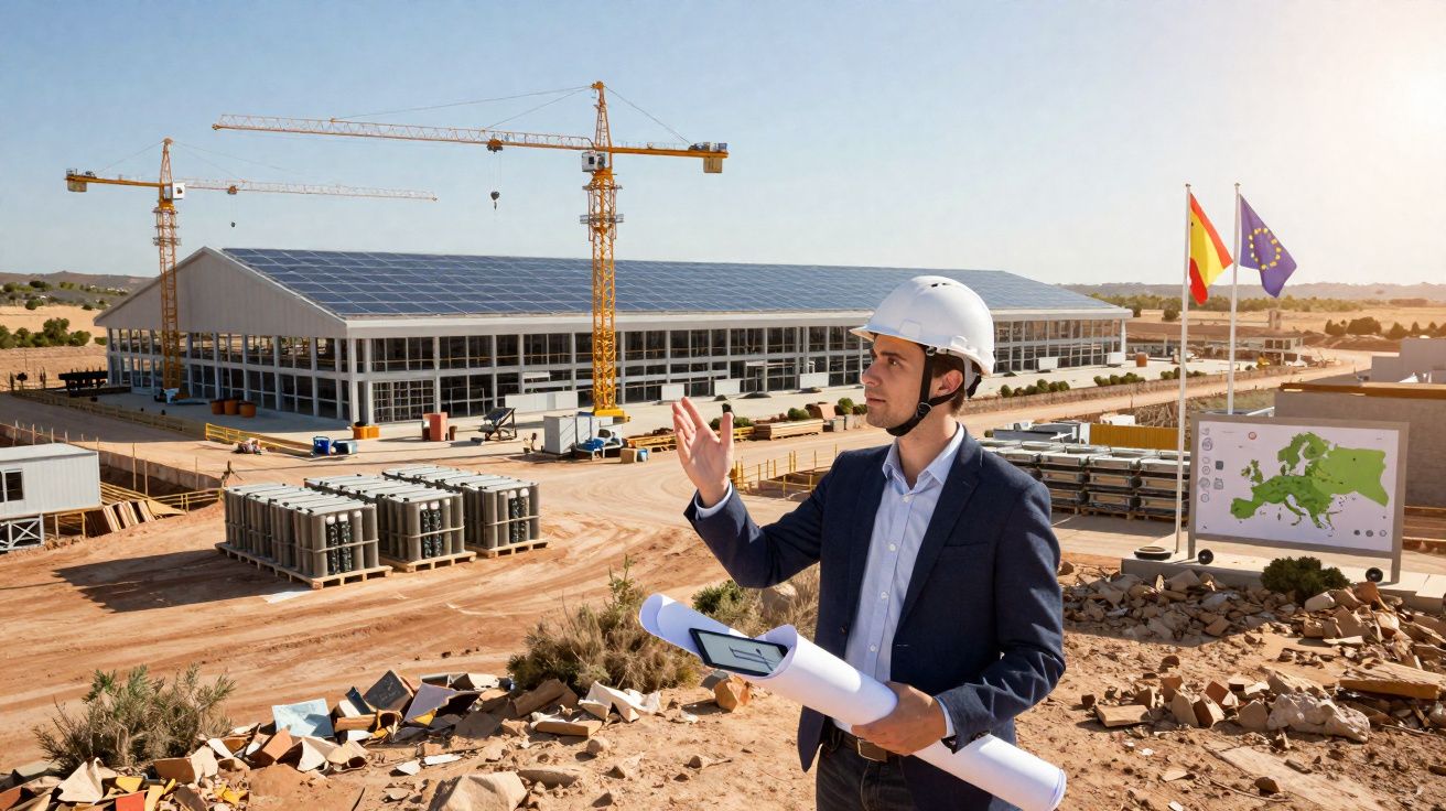 Engenheiro com capacete branco e planta arquitetônica em canteiro de obras com prédio grande e guindastes ao fundo.