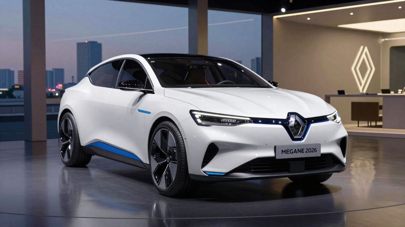 Carro branco elétrico Renault Megane 2026 em exposição moderna com iluminação interna azul e detalhes pretos.