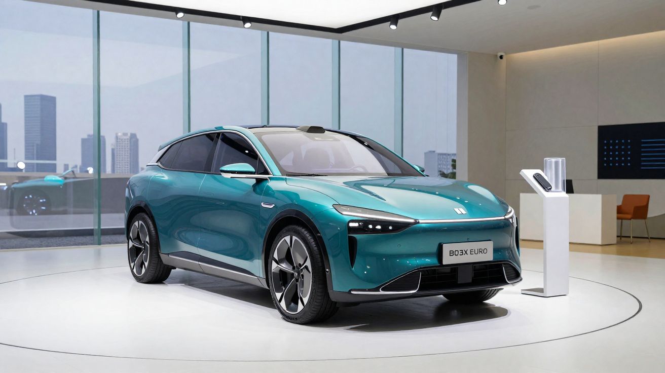 Carro elétrico azul-turquesa moderno em exposição dentro de showroom com janelas de vidro grandes.