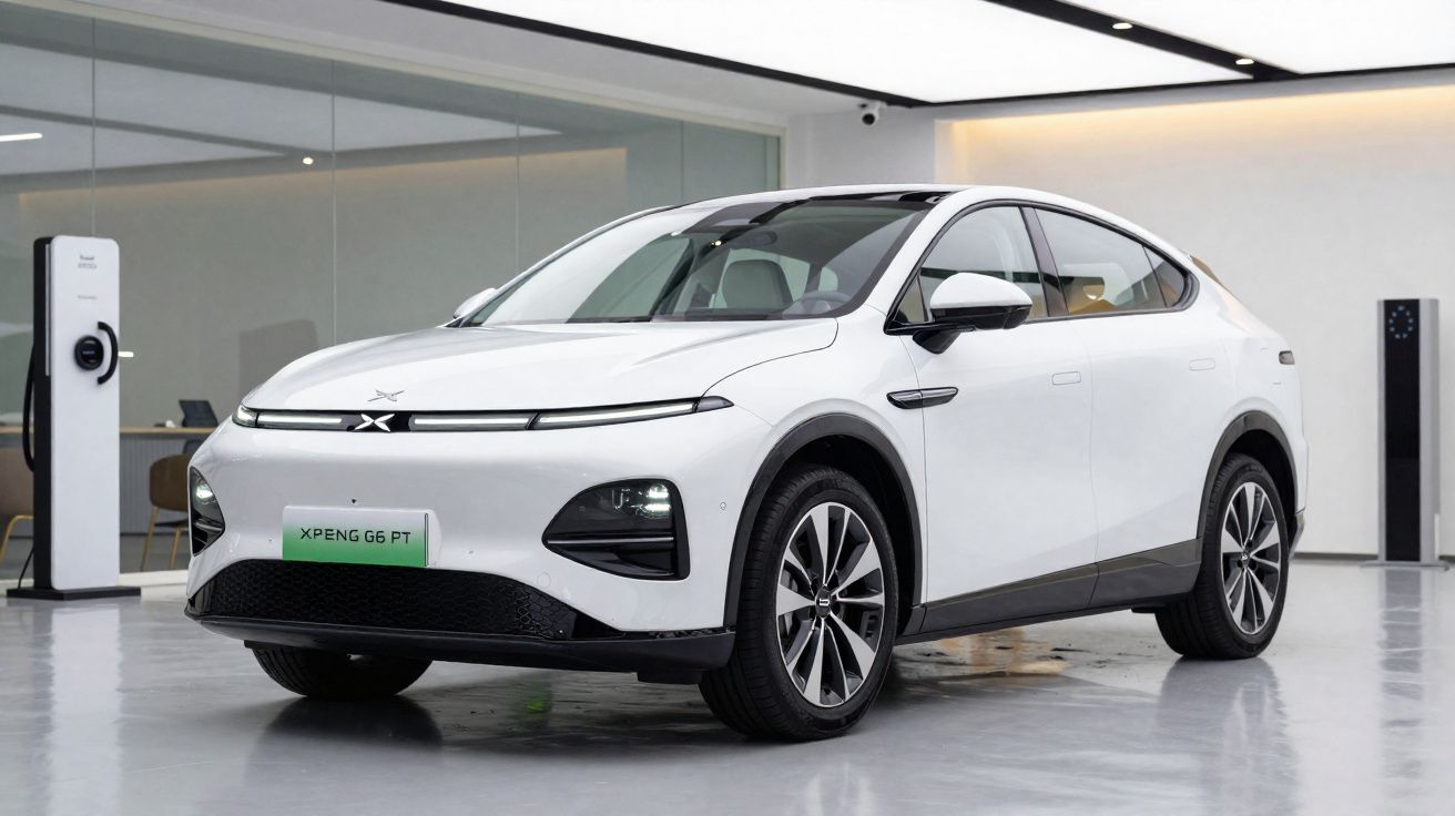 Carro elétrico branco XPENG G6 PT estacionado em ambiente interno moderno com carregador ao fundo.