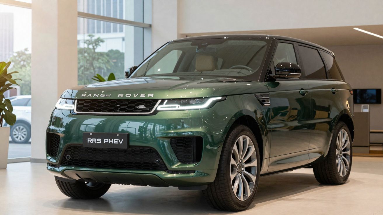 SUV verde Range Rover RRS PHEV exposta em showroom com interior claro e iluminação natural.