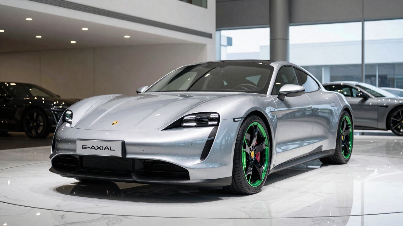 Carro esportivo elétrico Porsche E-AXIAL prata exibido em showroom moderno com rodas pretas e detalhes verdes.