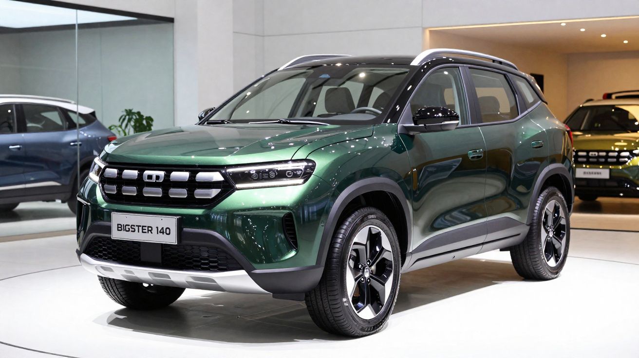 SUV verde metálico modelo Bigster 140 exposto em ambiente interno moderno e iluminado.