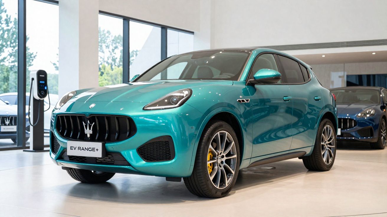 Carro SUV elétrico azul-esverdeado Maserati EV Range+ em showroom moderno com outra viatura ao fundo.