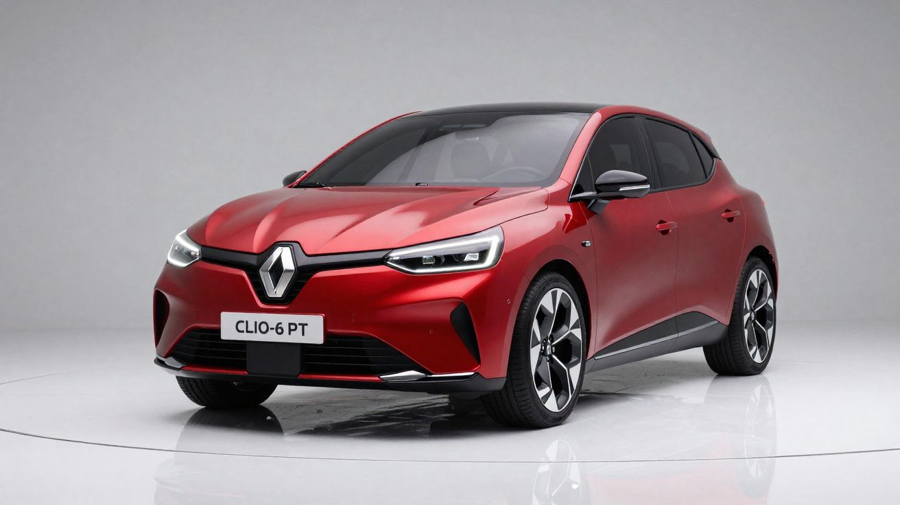 Carro hatchback vermelho Renault modelo Clio 6 PT em estúdio com fundo cinza.