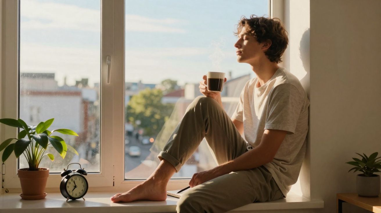Jovem sentado no parapeito da janela, tomando café e apreciando a luz do sol da manhã.