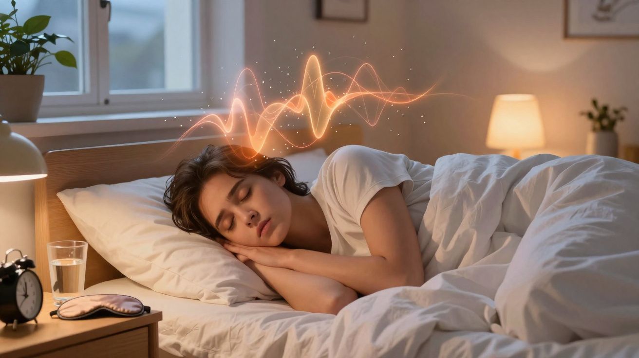 Mulher dormindo na cama com ondas de luz simbolizando atividade cerebral em ambiente aconchegante.