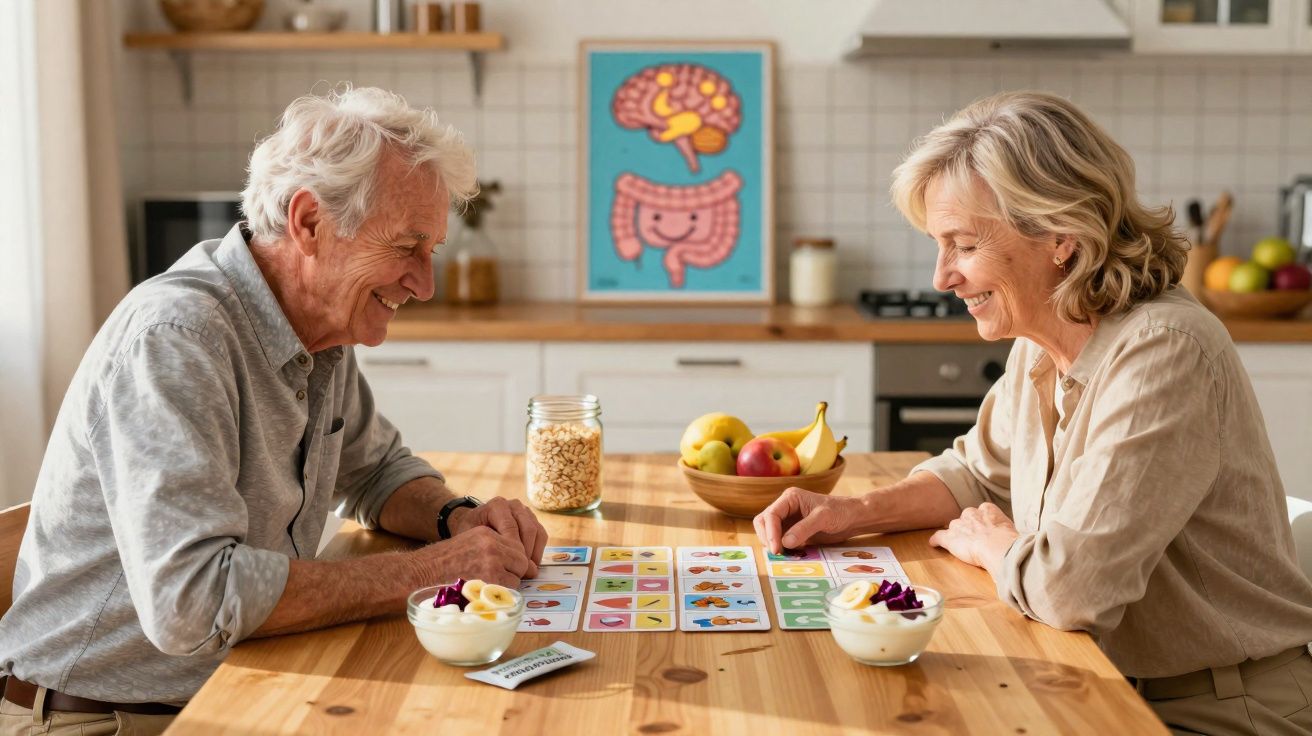Casal idoso sorrindo enquanto joga cartas em uma mesa de madeira na cozinha iluminada.