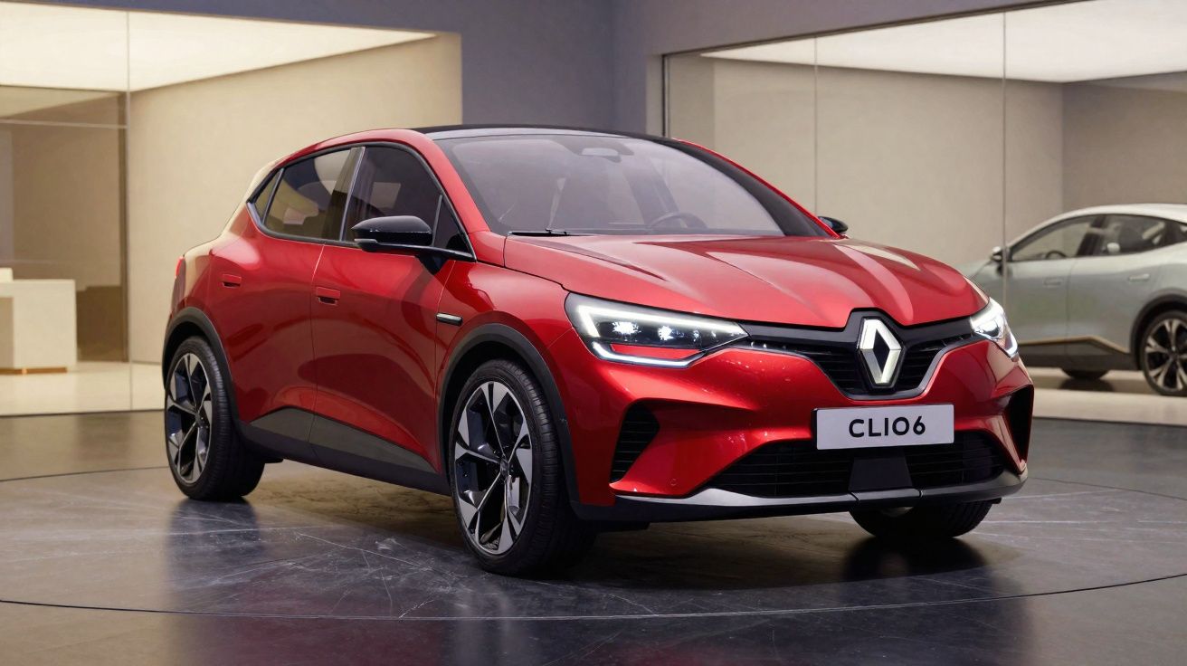 Carro vermelho Renault Clio 6 moderno em exposição interna com teto preto e rodas prateadas.