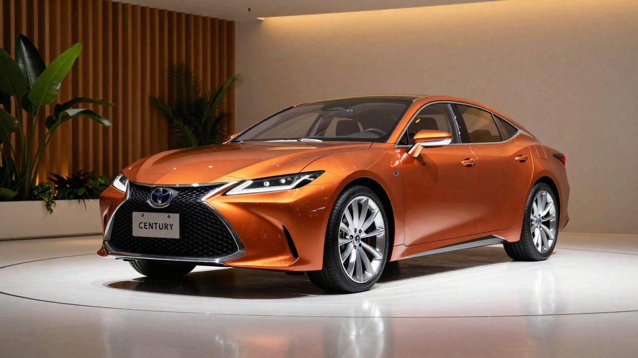 Carro Toyota Century laranja em exposição, com design elegante e rodas prateadas brilhantes.