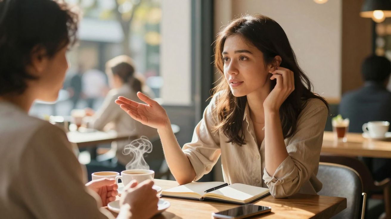 Duas mulheres conversando em café, uma com um caderno aberto e bebidas quentes na mesa.