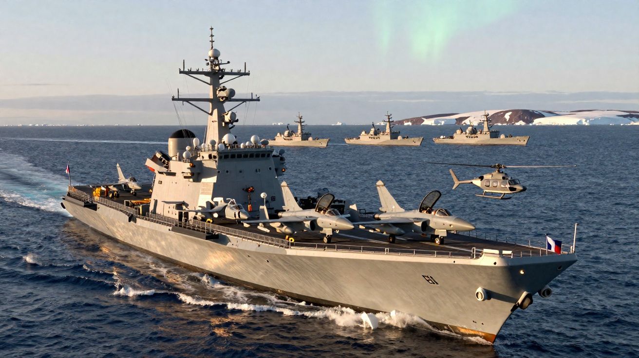 Navio militar de guerra com helicópteros e caças no convés navegando em mar calmo próximo à costa nevada.