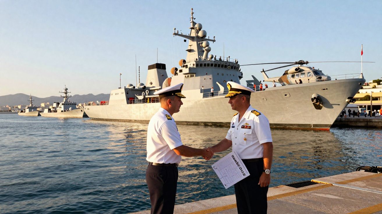 Dois oficiais da marinha em uniforme branco apertam as mãos no cais com navios de guerra ao fundo.