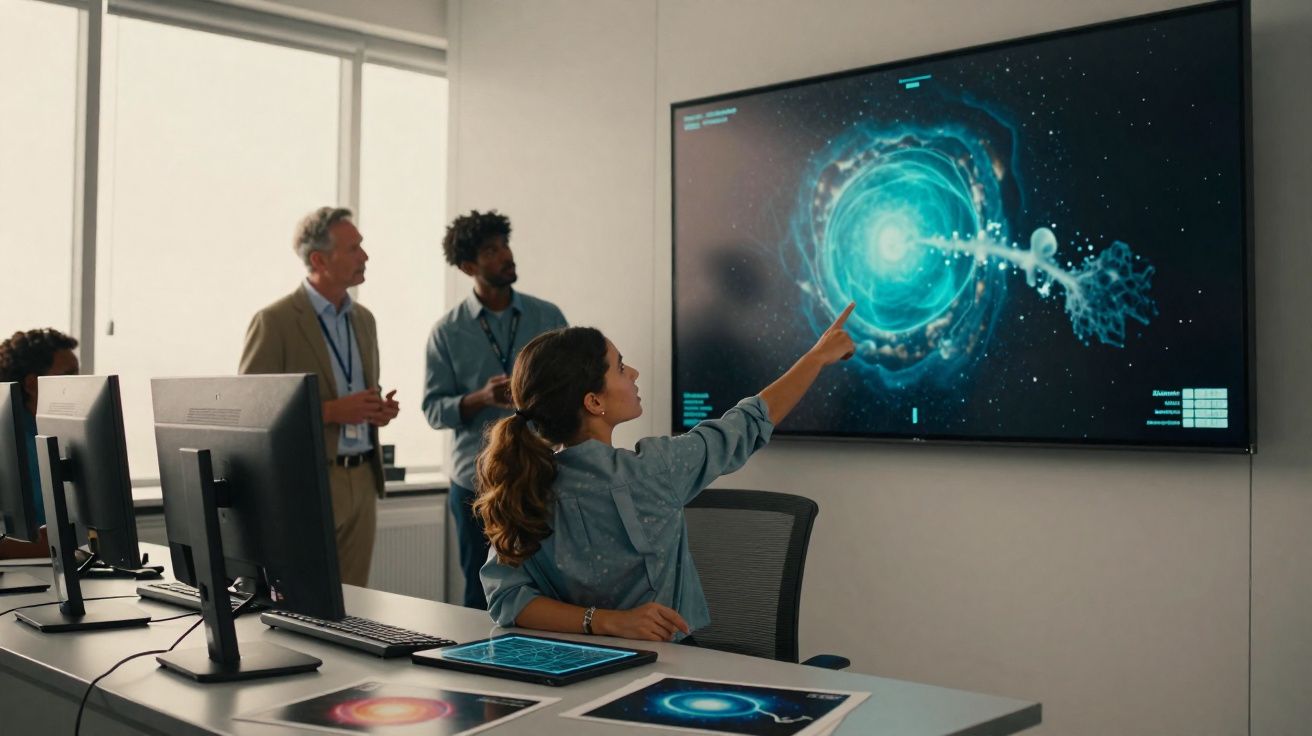 Pessoa apontando para uma tela com imagem de nebulosa em ambiente de escritório com outras três pessoas observando.