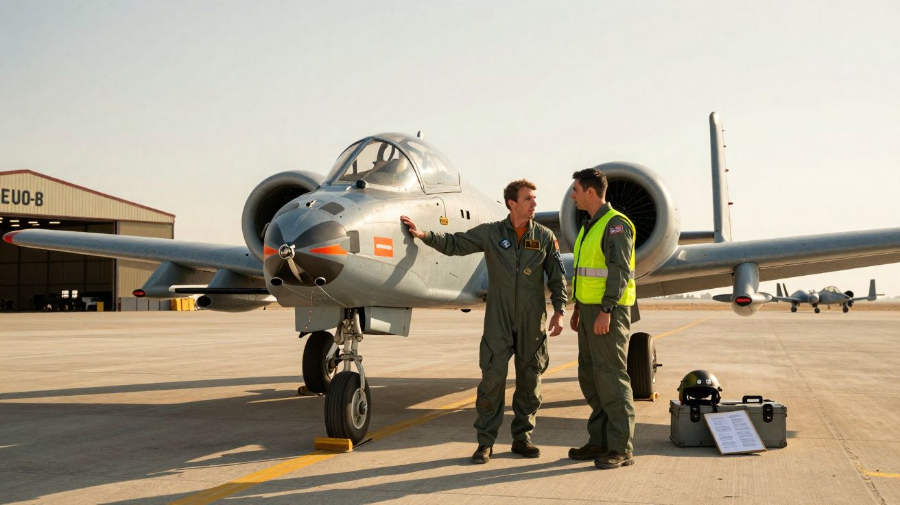 Dois pilotos conversam próximos a um caça estacionado em pista de aeroporto militar.
