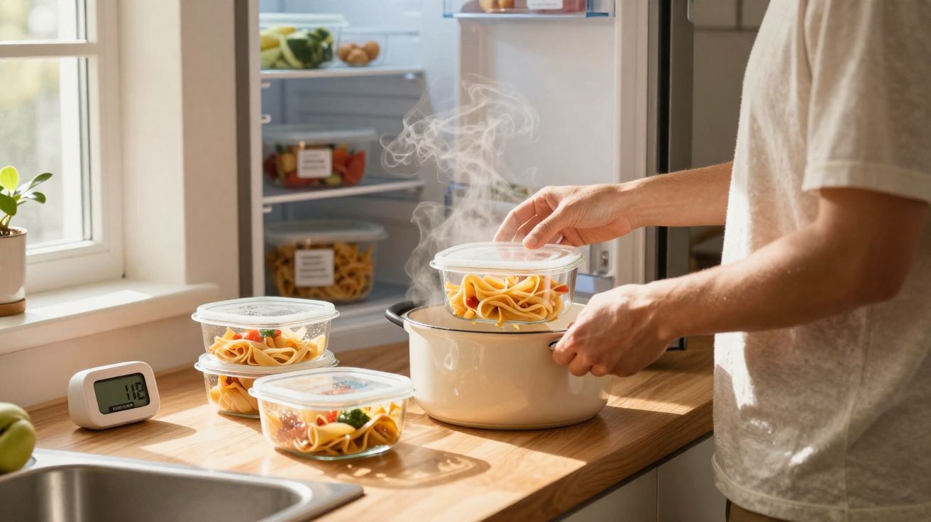 Pessoa preparando marmitas com macarrão quente na cozinha, próximo à geladeira aberta.