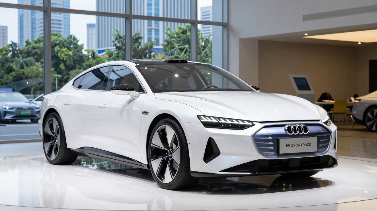 Carro branco Audi E5 Sportback exposto em showroom com ambiente moderno e vidro ao fundo.