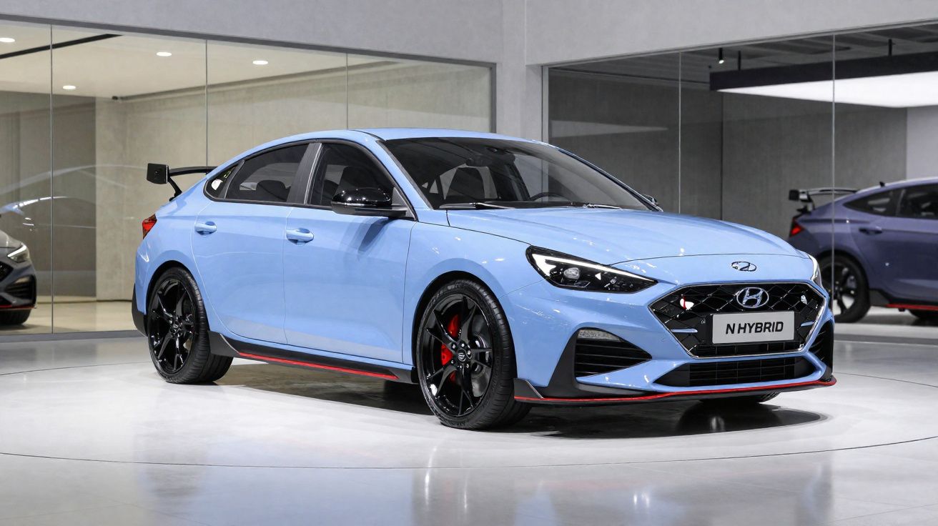 Carro Hyundai híbrido azul claro estacionado em showroom com rodas pretas e detalhes vermelhos.