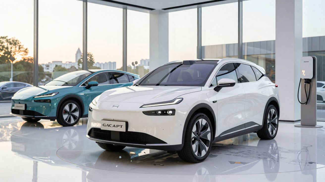 Dois carros elétricos modernos em showroom com painel de vidro e estação de recarga ao fundo.