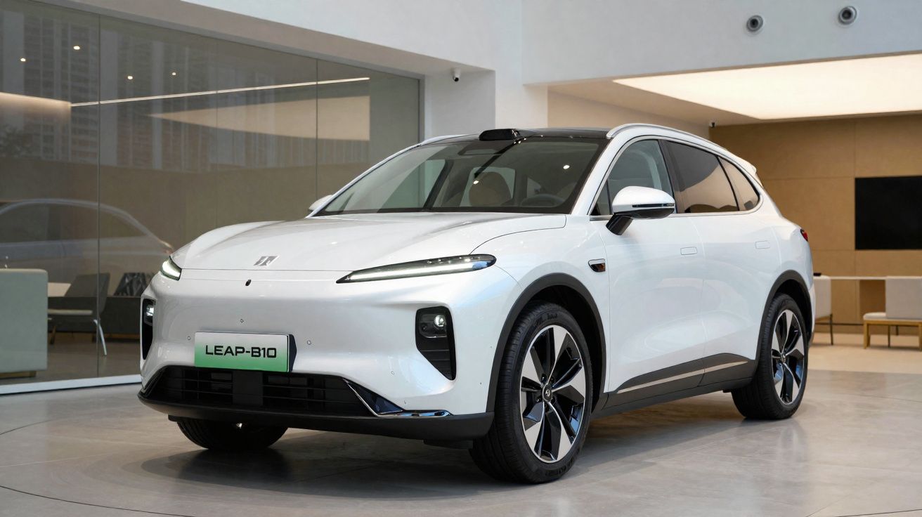 Carro elétrico branco LEAP-B10 em exposição interna com design moderno e linhas aerodinâmicas.