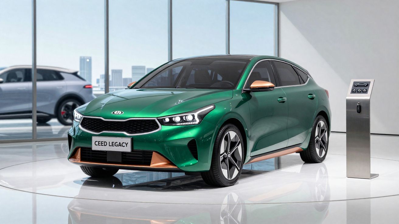 Carro verde Kia Ceed Legacy em exposição moderna, com detalhes em cobre e fundo com outra SUV cinza.