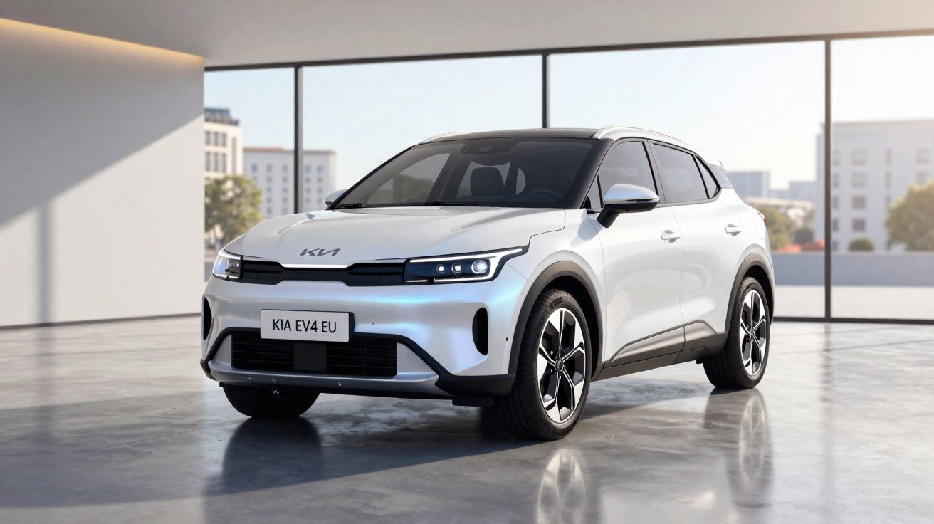 Carro elétrico branco Kia EV4 EU estacionado em ambiente interno moderno com janelas amplas e luz natural.